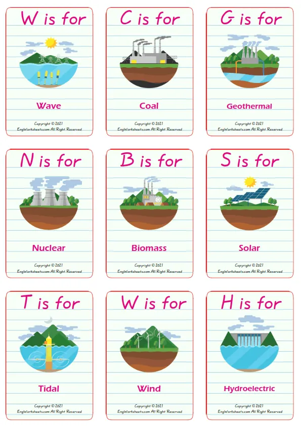 Types of Energy vocabulary worksheet with words, nine images per page