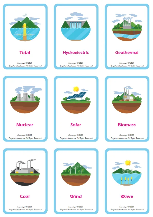 Types of Energy vocabulary worksheet with words, nine images per page