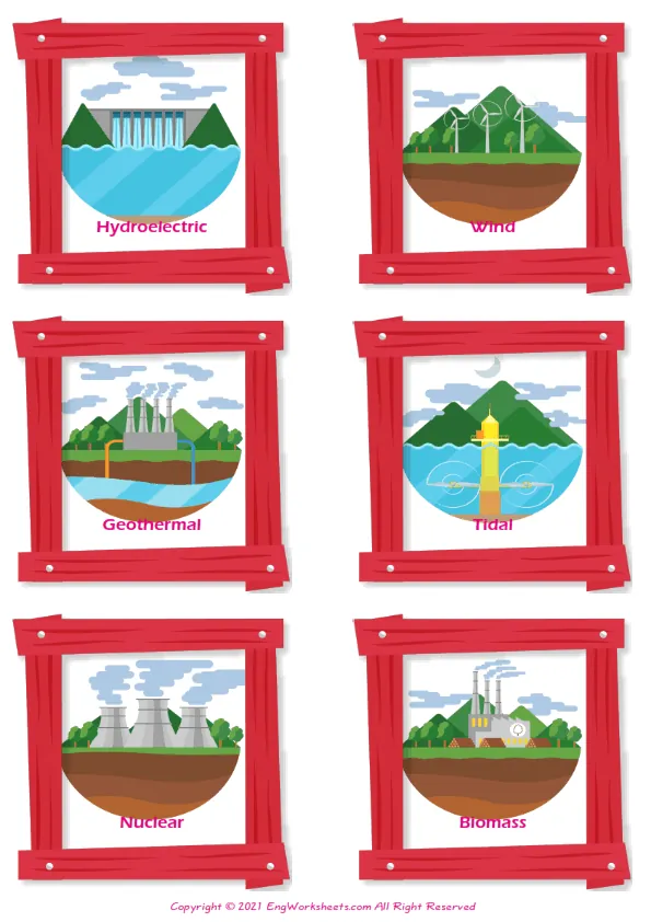 Types of Energy vocabulary worksheet with words, six images per page
