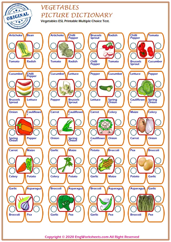 Vegetables ESL Printable Multiple Choice Test. Worksheet Preview