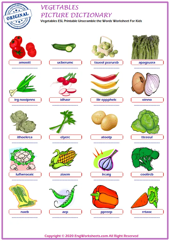 Vegetables ESL Printable Unscramble the Words Worksheet For Kids Worksheet Preview
