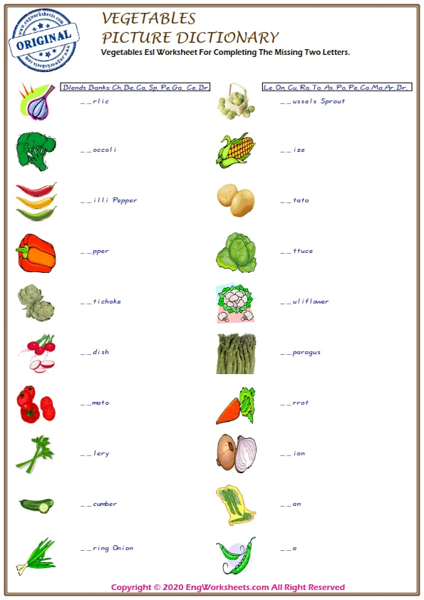 Vegetables Esl Worksheet For Completing The Missing Two Letters. Worksheet Preview