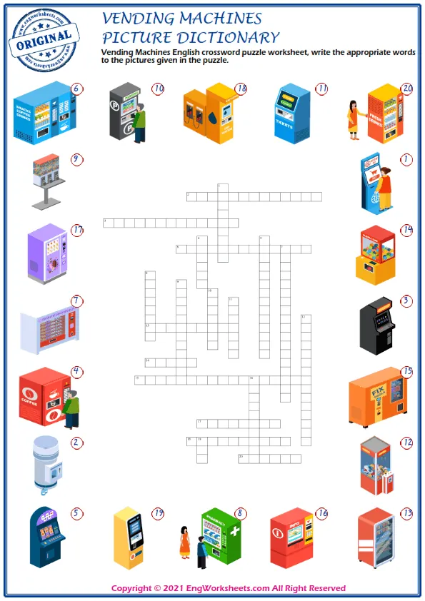 Vending Machines English crossword puzzle worksheet, write the appropriate words to the pictures given in the puzzle. Worksheet Preview