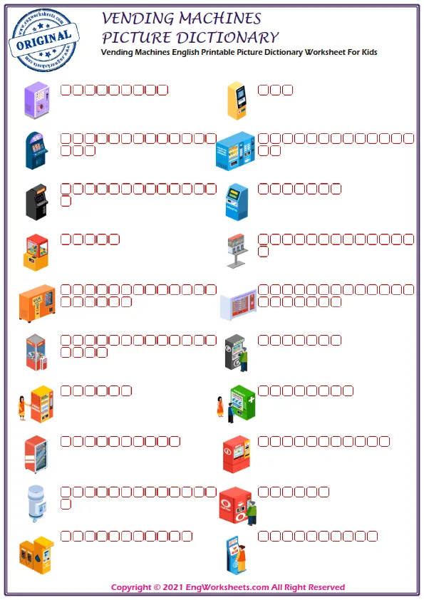 Vending Machines English Printable Picture Dictionary Worksheet For Kids Worksheet Preview