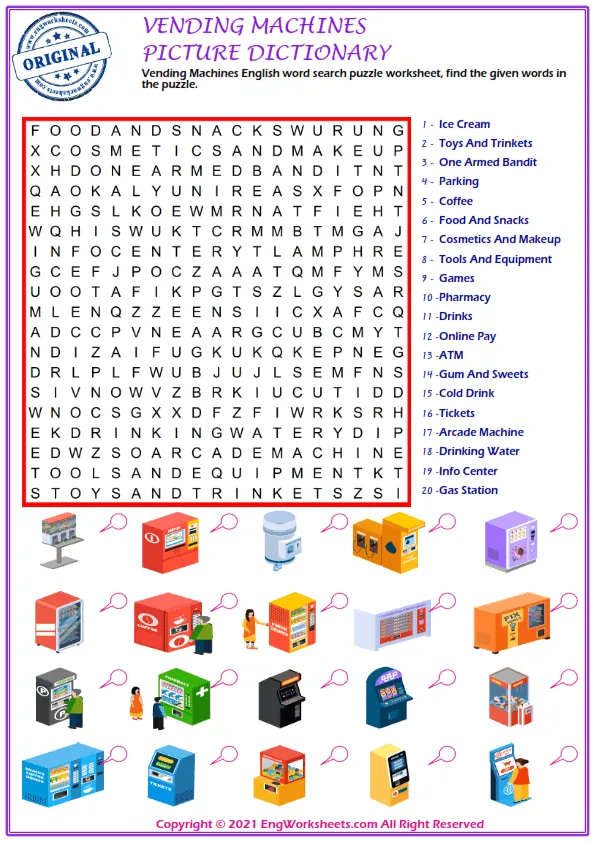 Vending Machines English word search puzzle worksheet, find the given words in the puzzle. Worksheet Preview