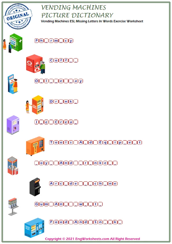 Vending Machines ESL Missing Letters In Words Exercise Worksheet Worksheet Preview