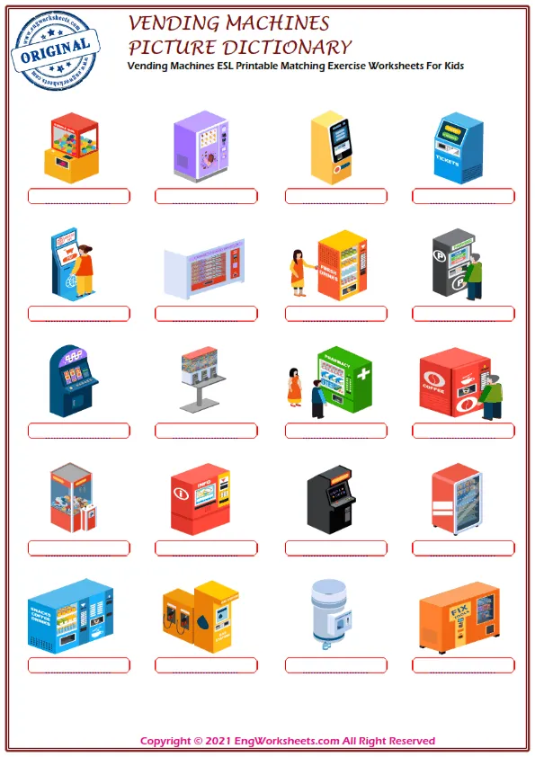 Vending Machines ESL Printable Matching Exercise Worksheets For Kids Worksheet Preview