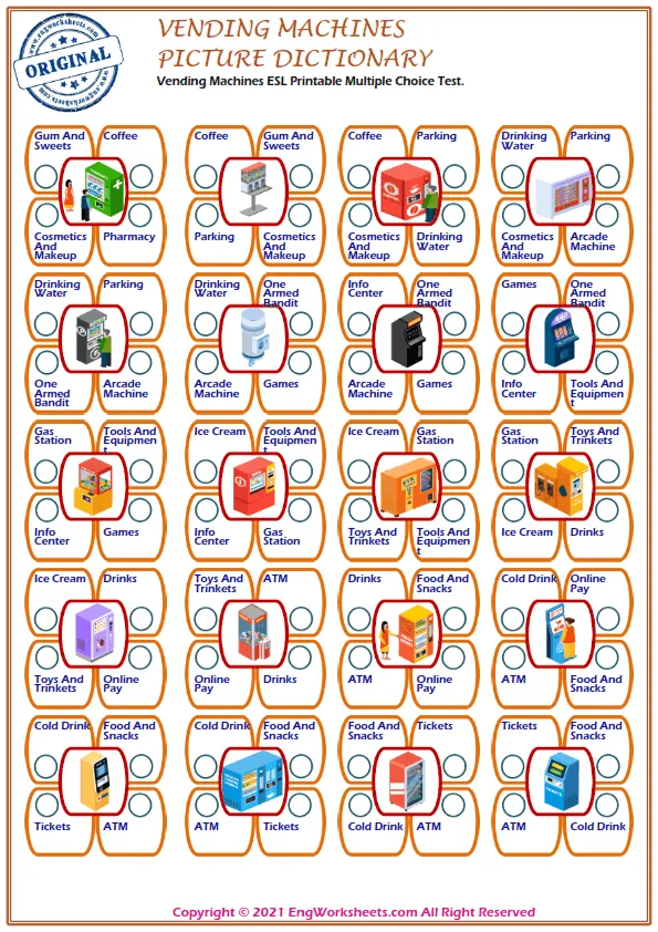 Vending Machines ESL Printable Multiple Choice Test. Worksheet Preview