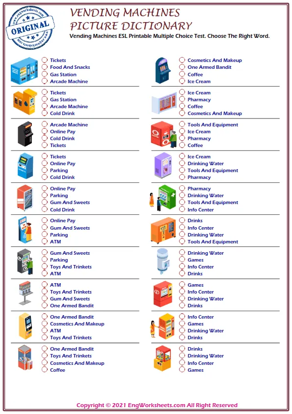 Vending Machines ESL Printable Multiple Choice Test. Choose The Right Word. Worksheet Preview