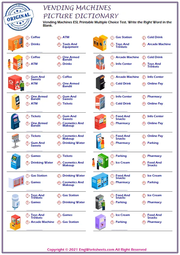 Vending Machines ESL Printable Multiple Choice Test. Write the Right Word in the Blank. Worksheet Preview