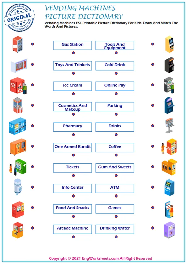 Vending Machines ESL Printable Picture Dictionary For Kids. Draw And Match The Words And Pictures. Worksheet Preview