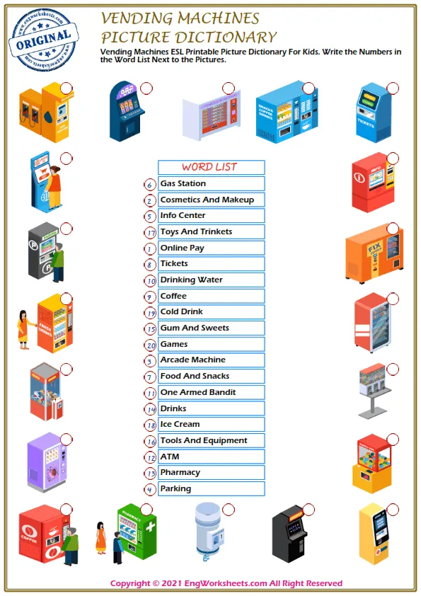 Vending Machines ESL Printable Picture Dictionary For Kids. Write the Numbers in the Word List Next to the Pictures. Worksheet Preview