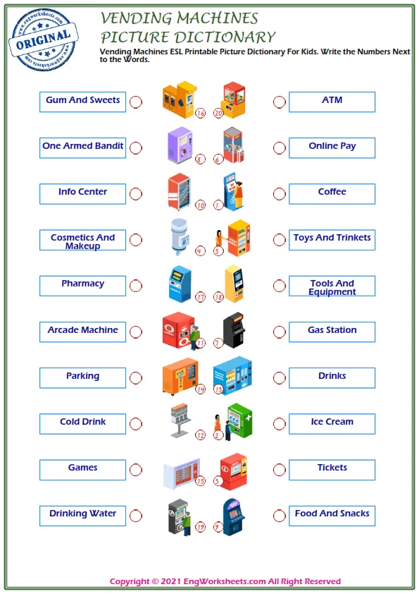 Vending Machines ESL Printable Picture Dictionary For Kids. Write the Numbers Next to the Words. Worksheet Preview