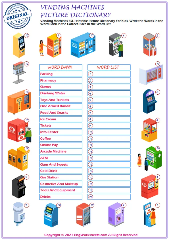 Vending Machines ESL Printable Picture Dictionary For Kids. Write the Words in the Word Bank in the Correct Place in the Word List. Worksheet Preview