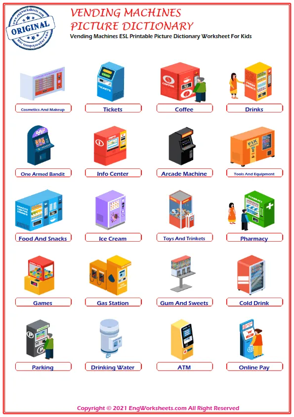 Vending Machines ESL Printable Picture Dictionary Worksheet For Kids Worksheet Preview