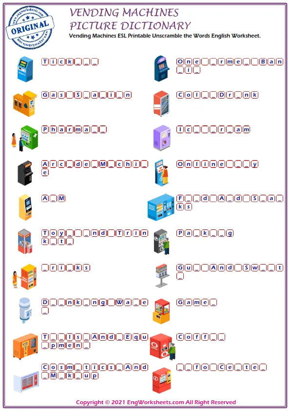Vending Machines ESL Printable Unscramble the Words English Worksheet. Worksheet Preview