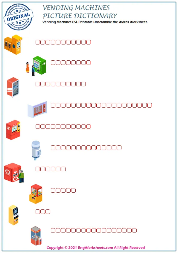 Vending Machines ESL Printable Unscramble the Words Worksheet. Worksheet Preview