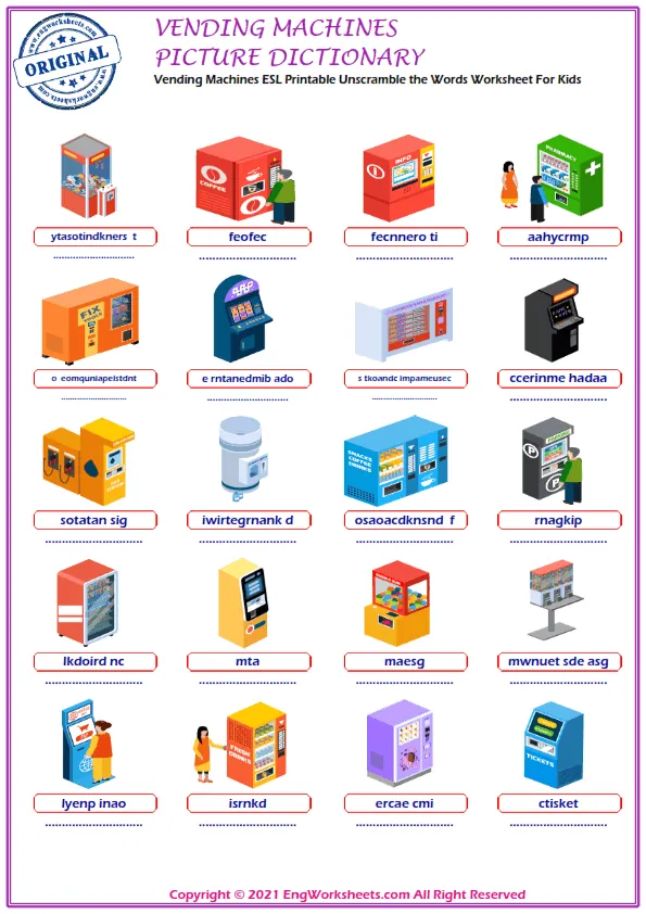 Vending Machines ESL Printable Unscramble the Words Worksheet For Kids Worksheet Preview