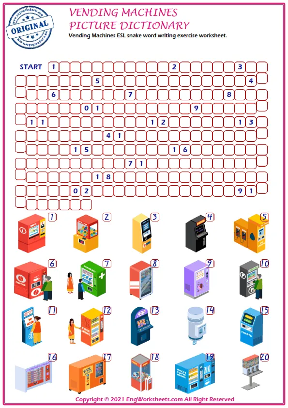 Vending Machines ESL snake word writing exercise worksheet. Worksheet Preview