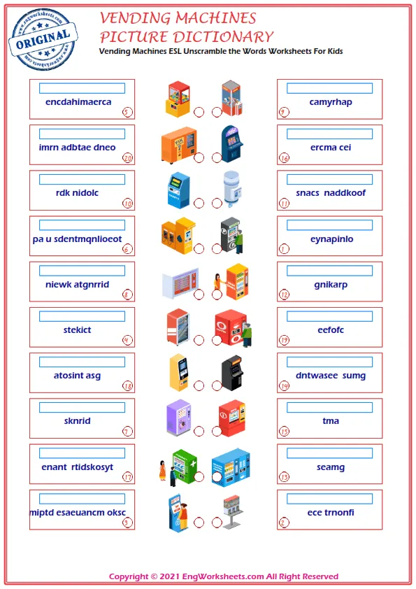 Vending Machines ESL Unscramble the Words Worksheets For Kids Worksheet Preview