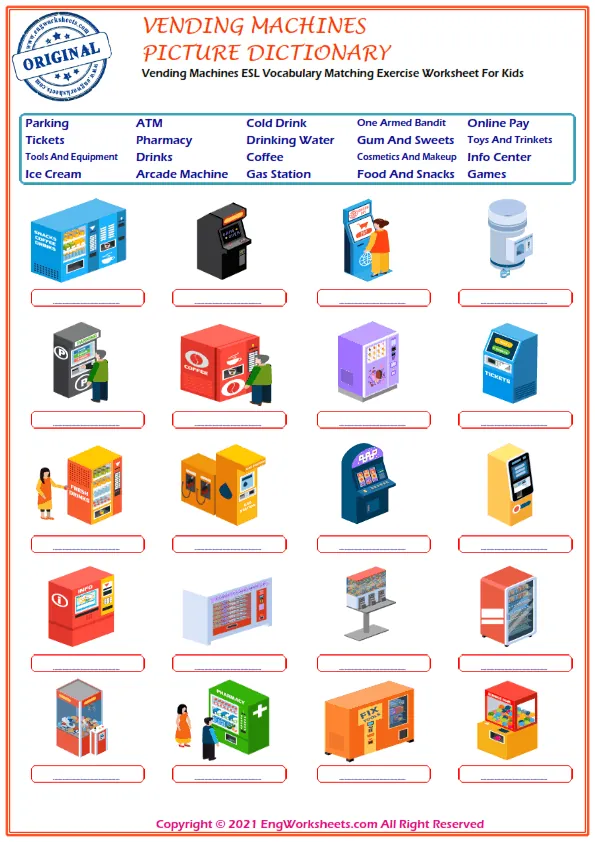 Vending Machines ESL Vocabulary Matching Exercise Worksheet For Kids Worksheet Preview