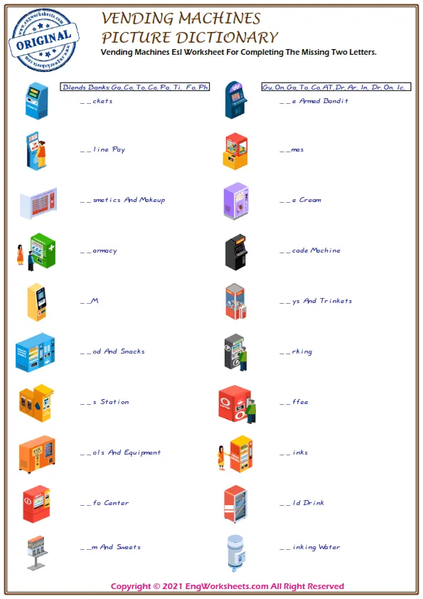 Vending Machines Esl Worksheet For Completing The Missing Two Letters. Worksheet Preview