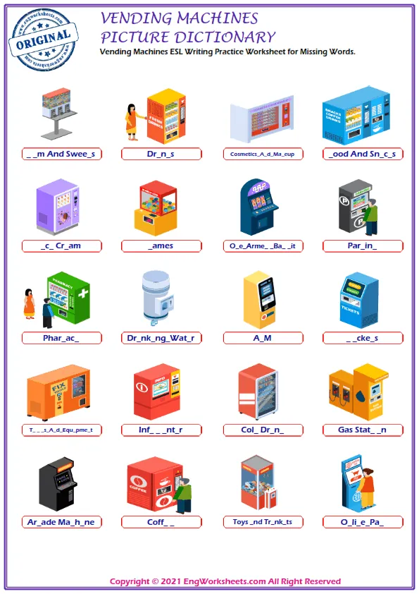 Vending Machines ESL Writing Practice Worksheet for Missing Words. Worksheet Preview