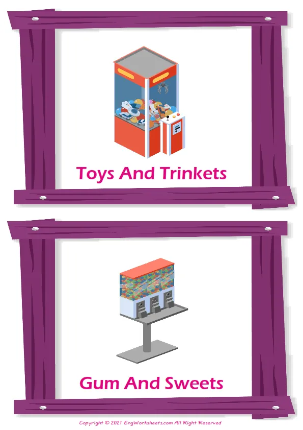 Vending Machines vocabulary worksheet with words, two images per page