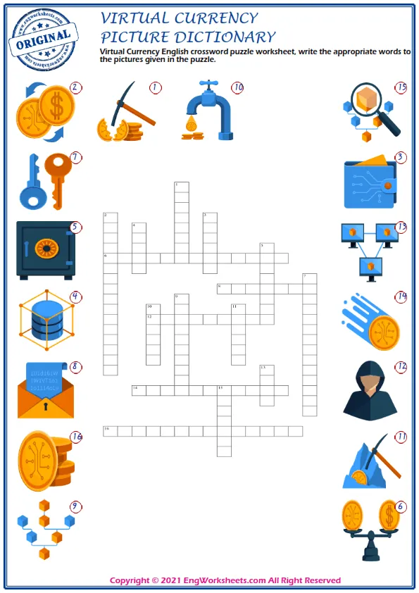 Virtual Currency English crossword puzzle worksheet, write the appropriate words to the pictures given in the puzzle.