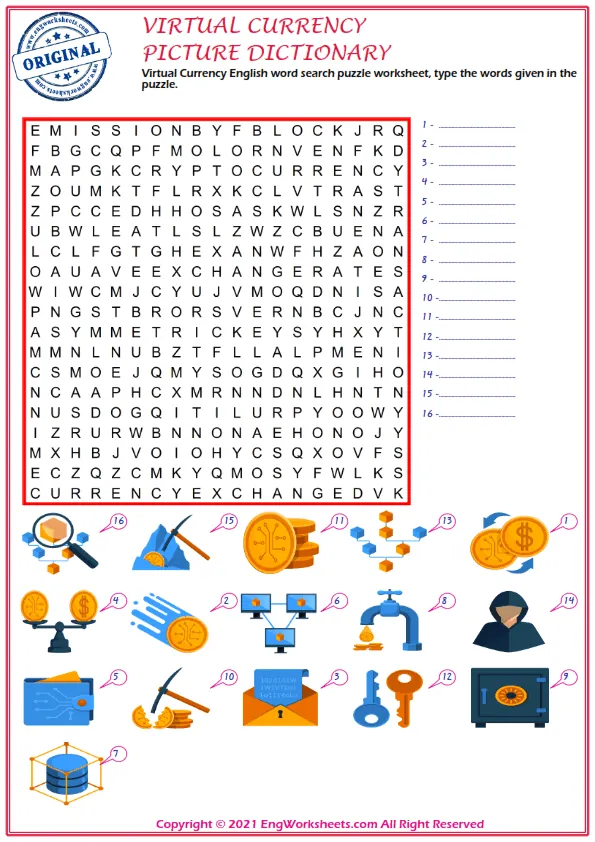 Virtual Currency English word search puzzle worksheet, type the words given in the puzzle.