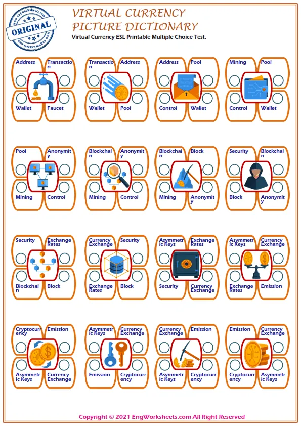 Virtual Currency ESL Printable Multiple Choice Test.