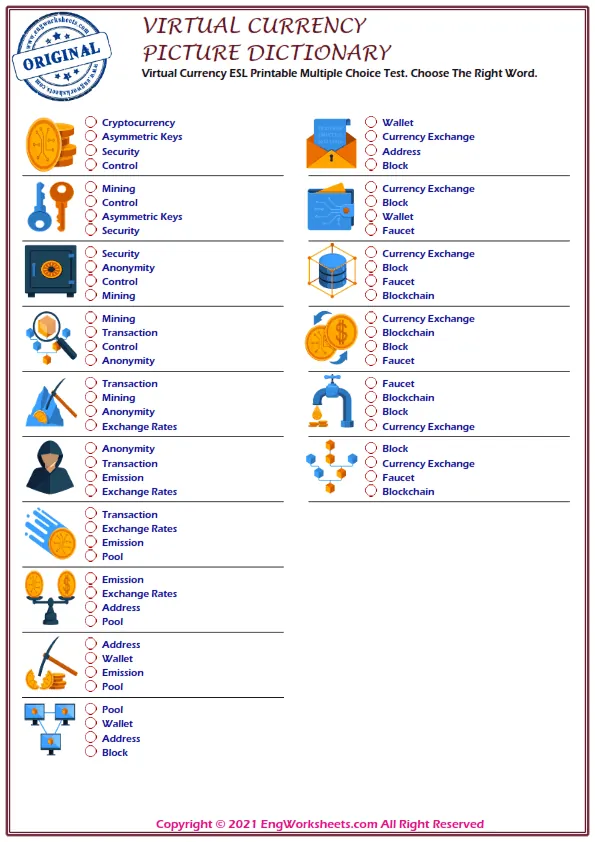 Virtual Currency ESL Printable Multiple Choice Test. Choose The Right Word.