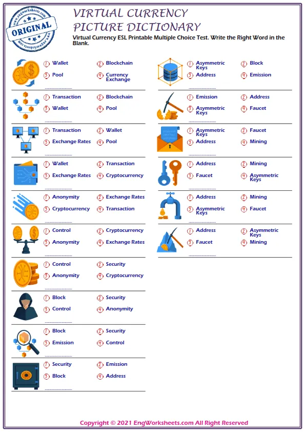 Virtual Currency ESL Printable Multiple Choice Test. Write the Right Word in the Blank.