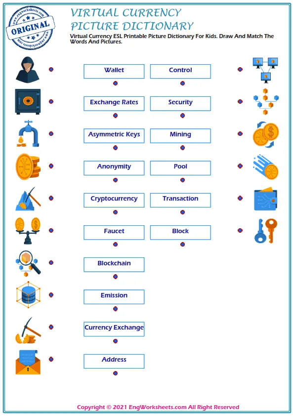 Virtual Currency ESL Printable Picture Dictionary For Kids. Draw And Match The Words And Pictures.