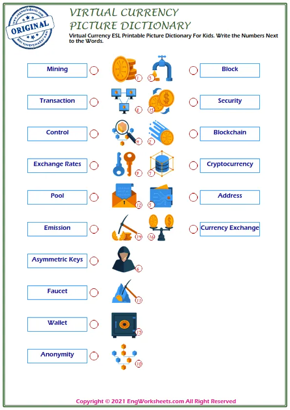 Virtual Currency ESL Printable Picture Dictionary For Kids. Write the Numbers Next to the Words.