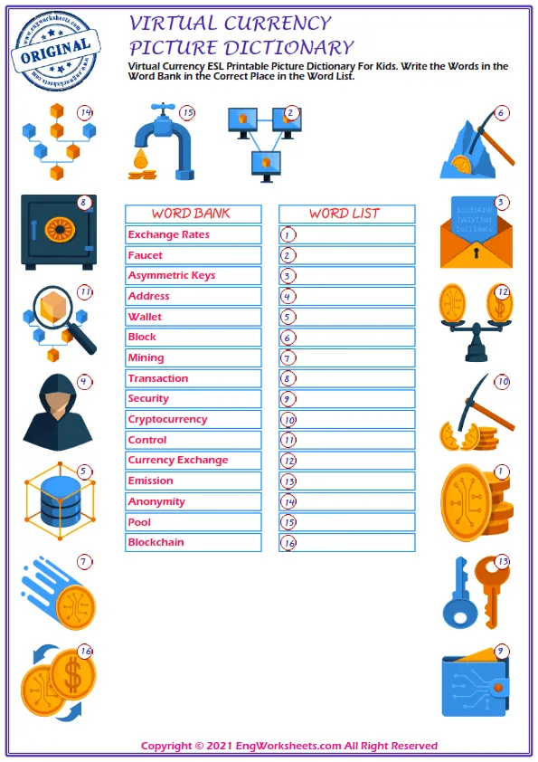 Virtual Currency ESL Printable Picture Dictionary For Kids. Write the Words in the Word Bank in the Correct Place in the Word List.
