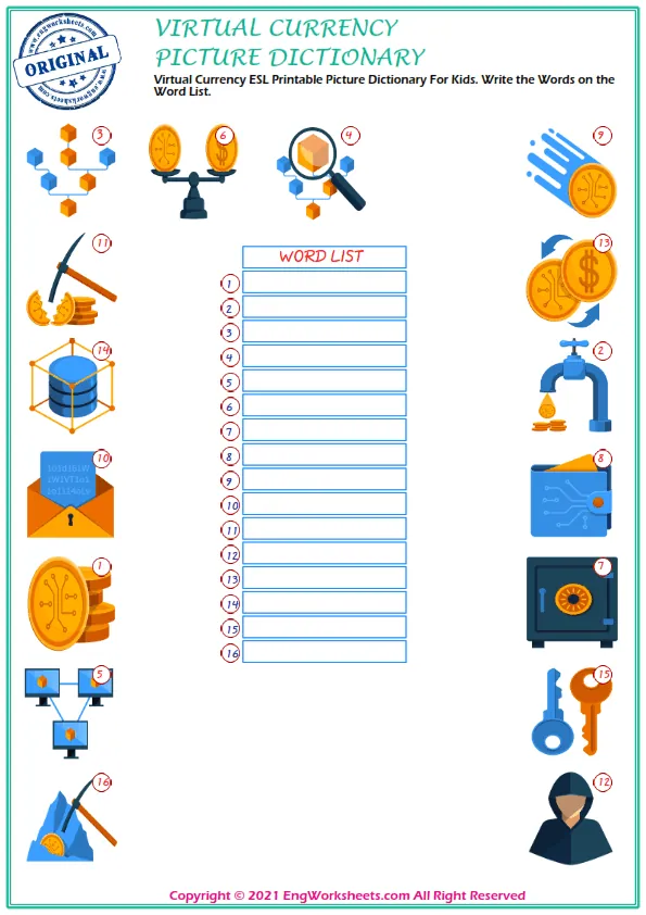 Virtual Currency ESL Printable Picture Dictionary For Kids. Write the Words on the Word List. Worksheet Preview