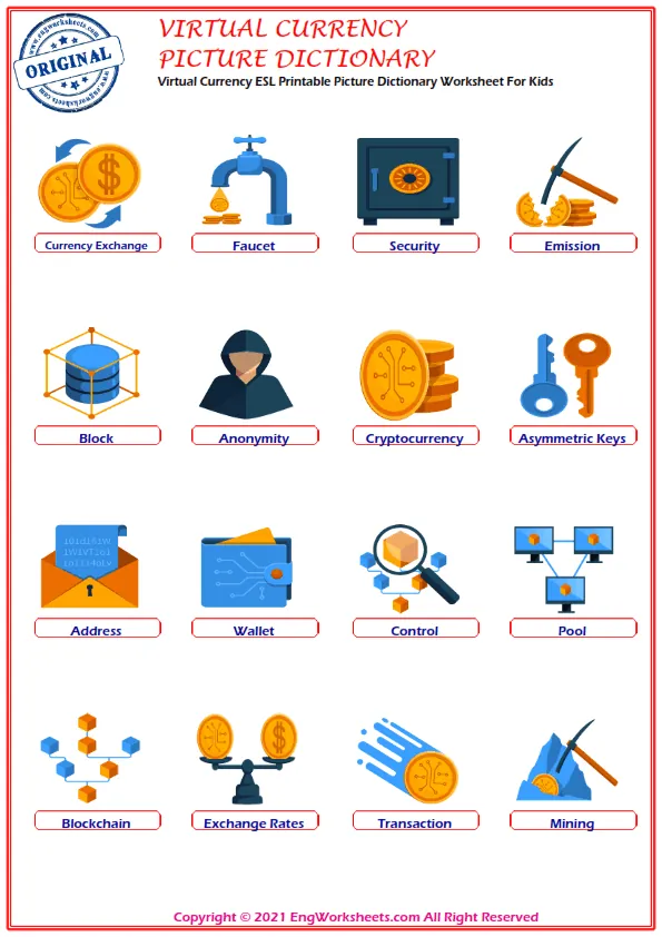 Virtual Currency ESL Printable Picture Dictionary Worksheet For Kids