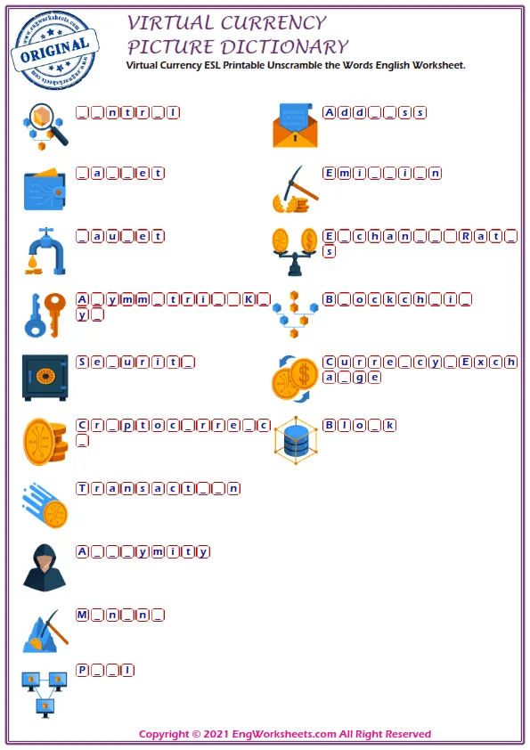 Virtual Currency ESL Printable Unscramble the Words English Worksheet.