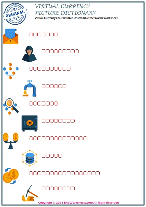 Virtual Currency ESL Printable Unscramble the Words Worksheet. Worksheet Preview