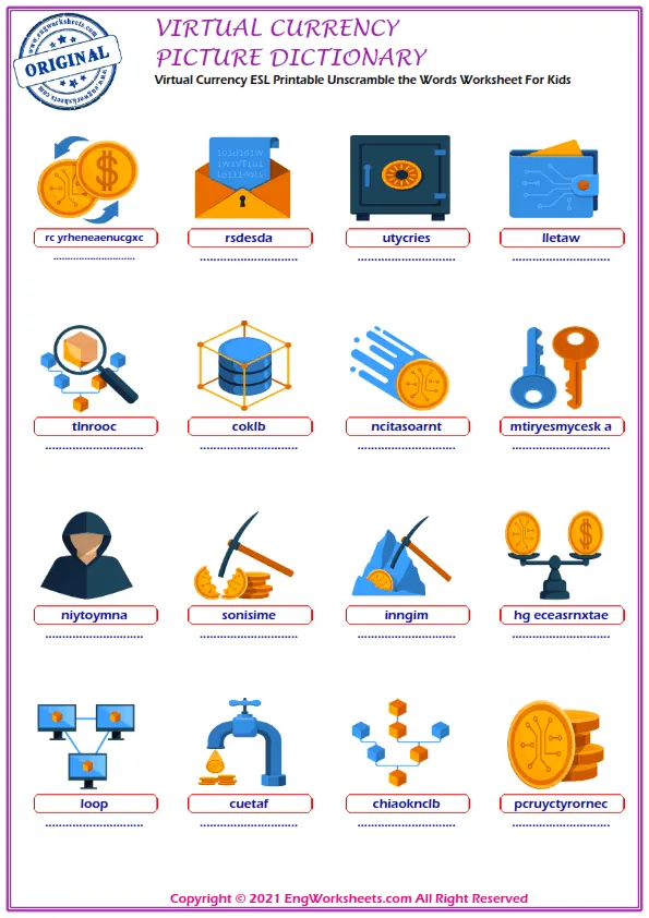 Virtual Currency ESL Printable Unscramble the Words Worksheet For Kids