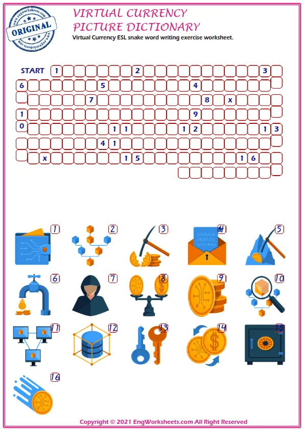 Virtual Currency ESL snake word writing exercise worksheet.