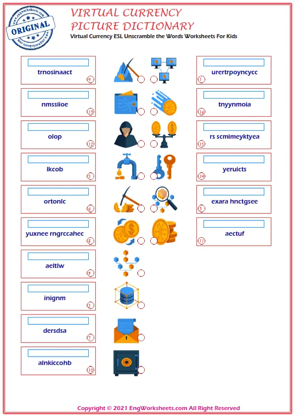 Virtual Currency ESL Unscramble the Words Worksheets For Kids
