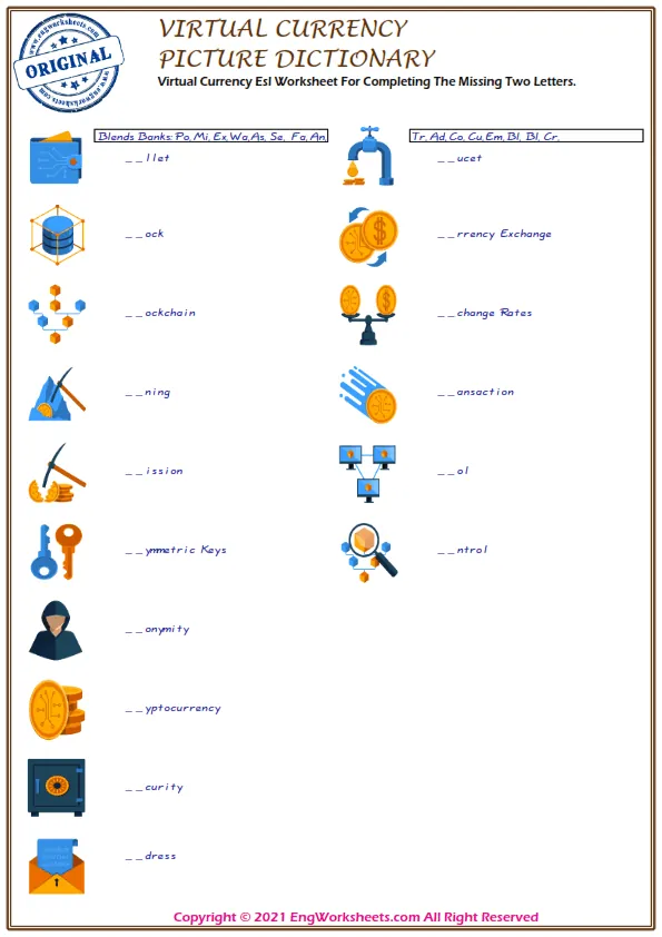 Virtual Currency Esl Worksheet For Completing The Missing Two Letters.