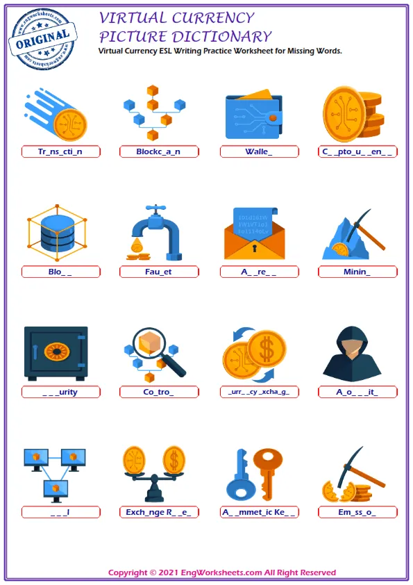 Virtual Currency ESL Writing Practice Worksheet for Missing Words. Worksheet Preview