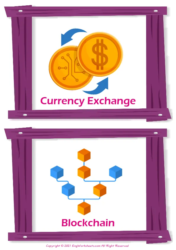Virtual Currency vocabulary worksheet with words, two images per page