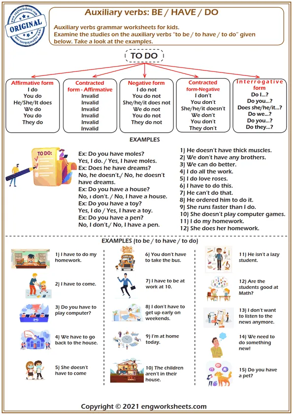 Auxiliary Verbs Grammar Worksheets For Kids.