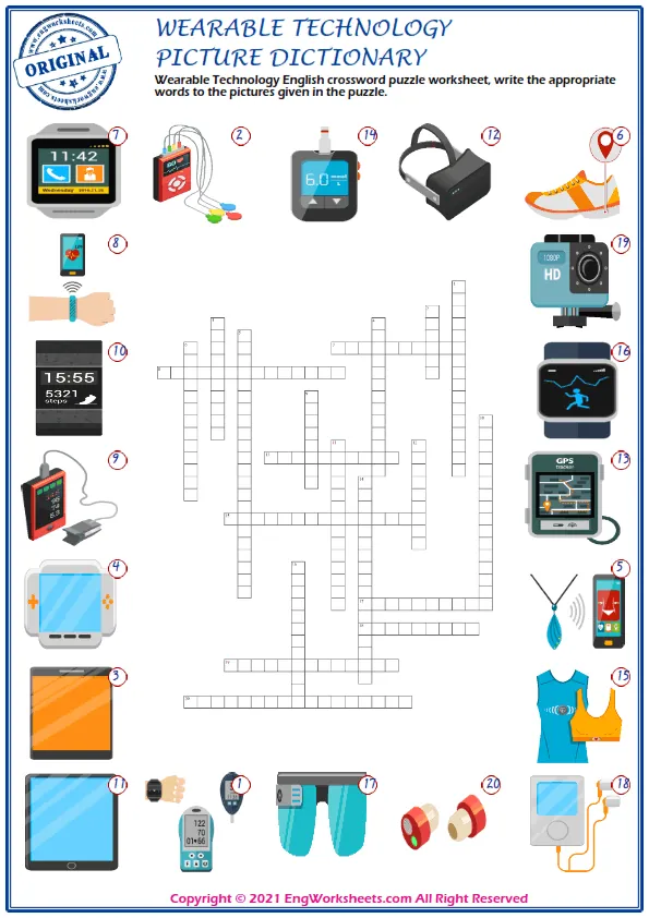Wearable Technology English crossword puzzle worksheet, write the appropriate words to the pictures given in the puzzle. Worksheet Preview