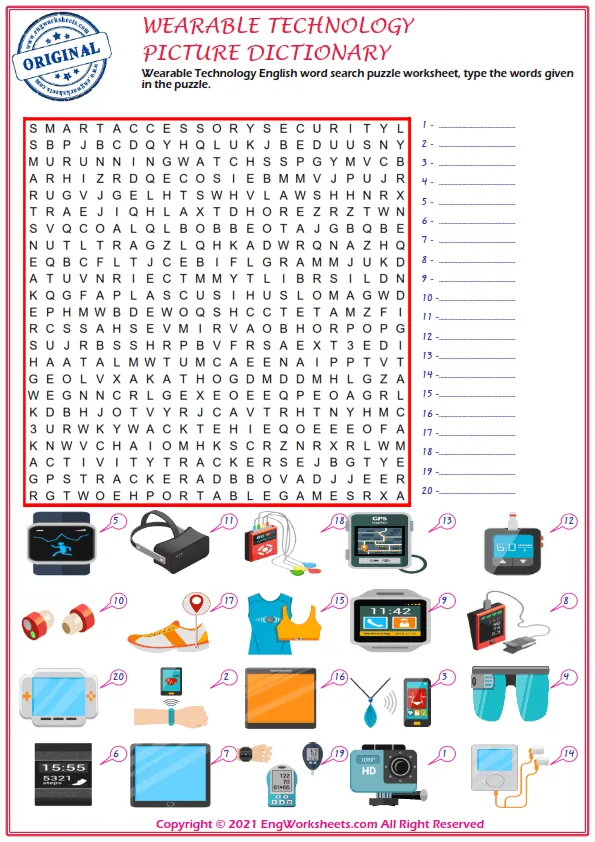 Wearable Technology English word search puzzle worksheet, type the words given in the puzzle. Worksheet Preview