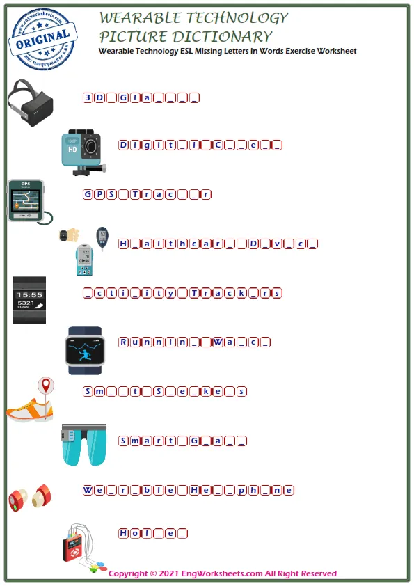 Wearable Technology ESL Missing Letters In Words Exercise Worksheet Worksheet Preview